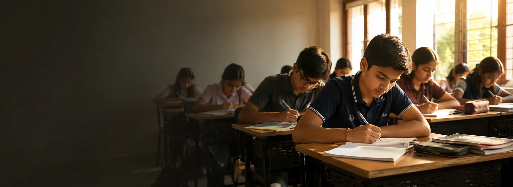 Students studying in a bright classroom at Scholar Academy